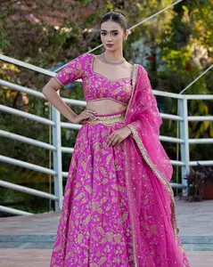 Lushkara Rani Pink Floral Raw Silk Lehenga with Broad Neck Blouse with Belt with Heavy Laces