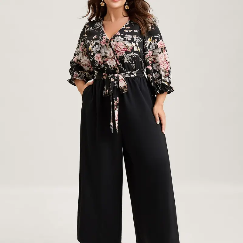 BloomChic Floral Contrast Belted Wide-Leg Jumpsuit 【M-6XL】