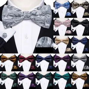 Barry.Wang Silk Mens Bow Tie White Green Pink Purple Jacquard Paisley Floral Pre-Tied Bowtie Hanky Cuffs Set Wedding Business