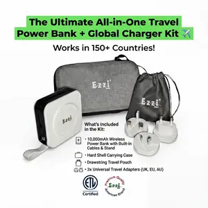 Ezzi Tech 6-in-1 Magnetic Travel Power Bank 10,000mAh Portable Charger with 20W PD USB-C & 15W Wireless Fast Charging Includes Global Adapters for Phone Earbuds Chargeable