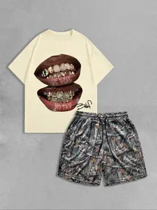 Men's Regular Fit Lip Print Tee & Shorts Two-piece Set, Crew Neck Short Sleeve T-shirt & Shorts, Casual Top & Bottoms for Summer Tropical Outdoor, Sets for Men Clothing, Loungewear