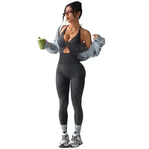 One-piece yoga clothes women's running sportswear neck seamless hip lift trousers beautiful back slim fitness clothes women Scrunch Butt Leggings Set Top Crop Halter Backless