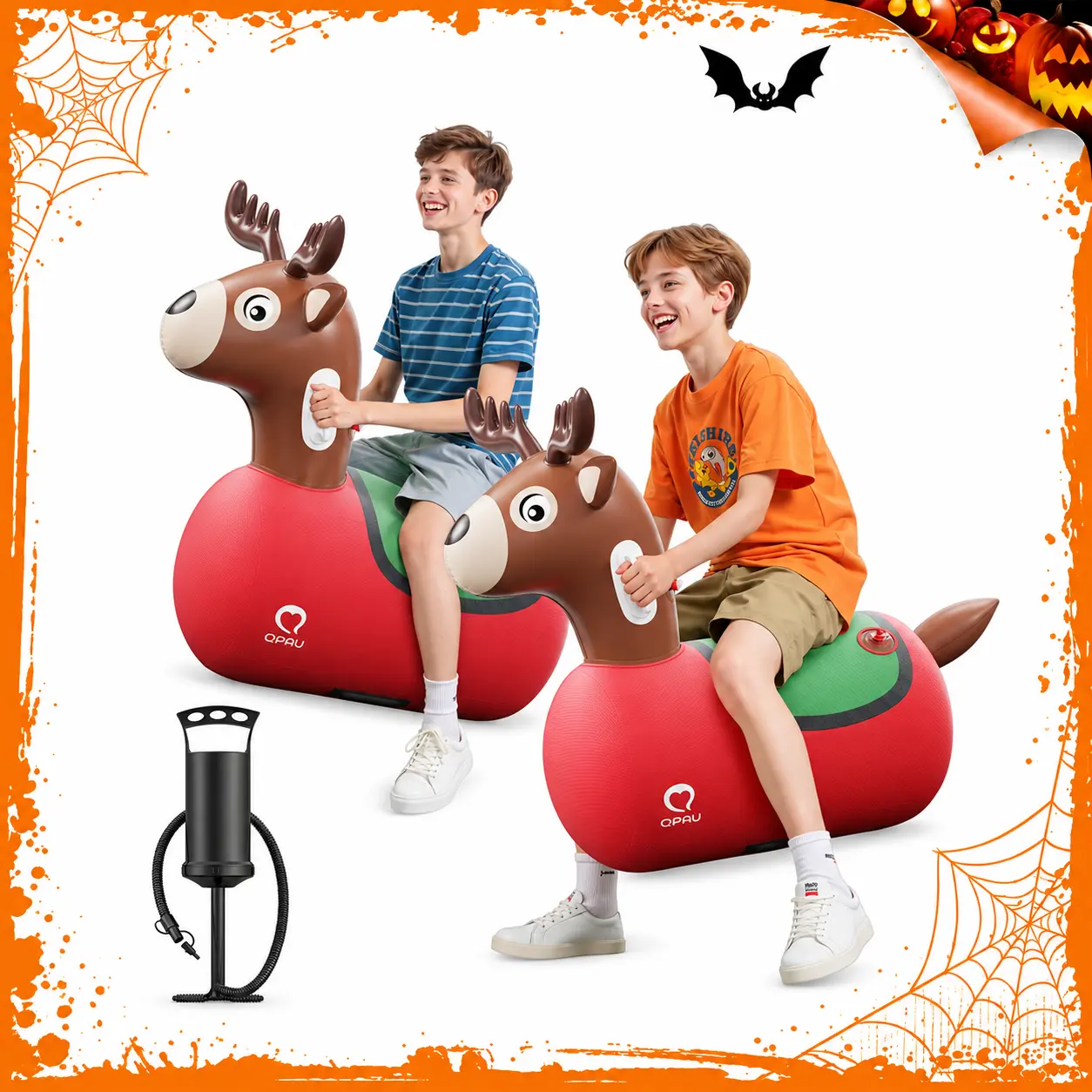 QPAU Reindeer Hopper Bounce Toy 1/2 Pack Large Ride-On for Kids Ages 5+ & Adults, 250lbs High-Capacity, Durable Puncture-Resistant, Manual Pump Included, Christmas Gift