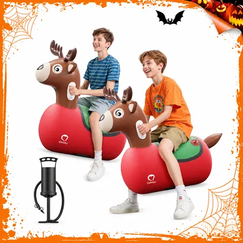 QPAU Large Reindeer Bouncy Hopper for Kids Ages 5+, Inflatable Ride-On Jumping Toy with Manual Hand Pump, 250 lbs Capacity, Indoor & Outdoor Play, Christmas Gift, Halloween Gifts giftideas