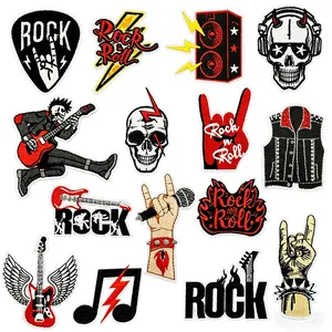 15pcs Rock Heat Transfer Stickers, Punk Skull Guitar Embroidery Stickers, DIY Decor for Jackets, Jeans, Backpacks, Cool Punk Style
