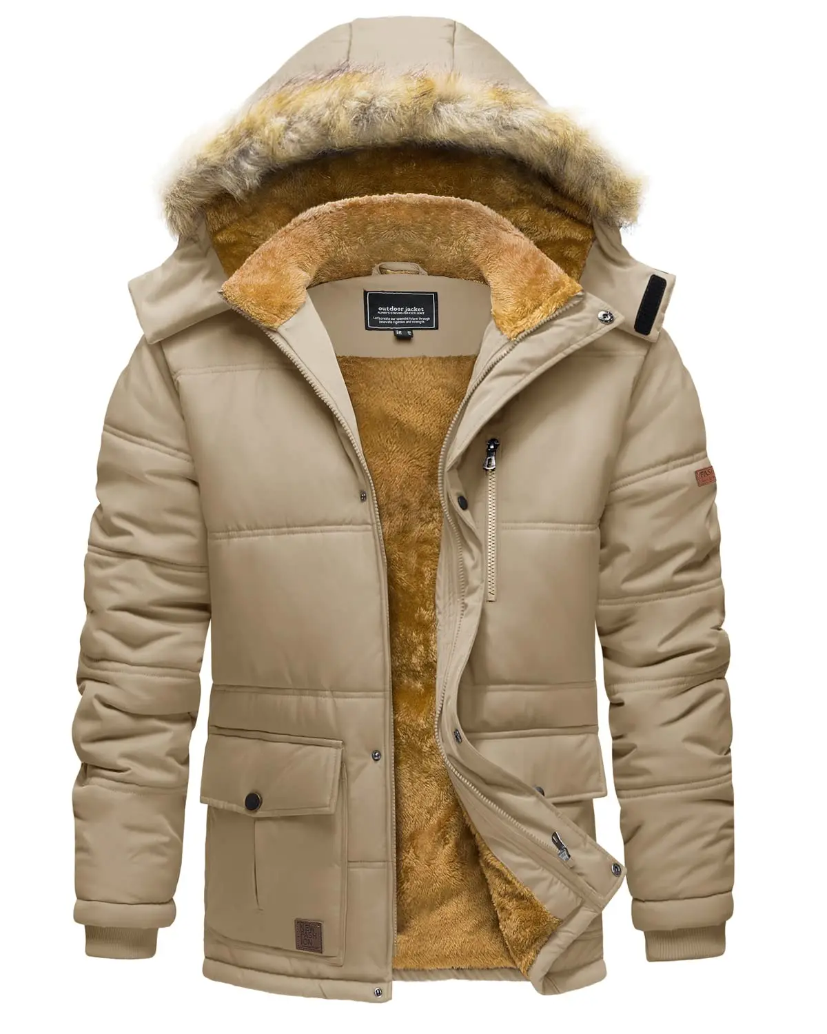 Men's Winter Hooded Parka, Water-Repellent Windproof Long-Sleeve Menswear with Plush Fleece Lining and Zipper Closure