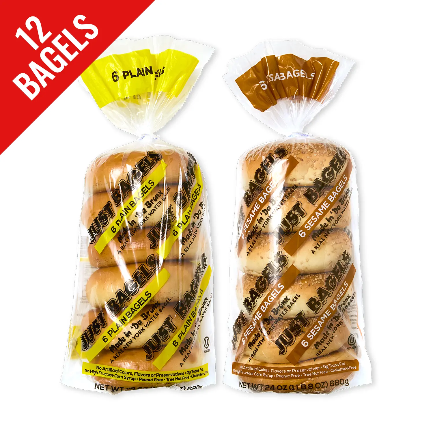 Just Bagels 6 Plain and 6 Sesame Bagels Non-GMO Authentic New York Style Chewy Crunchy Bagels Made in Da Bronx
