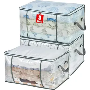80L Clear Large Storage Bag Clothes Storage Containers for Organizing Closet Bedroom Underbed Comforters Clothing Blankets Pillow Foldable Organizer with Sturdy Handle and Zippers 3