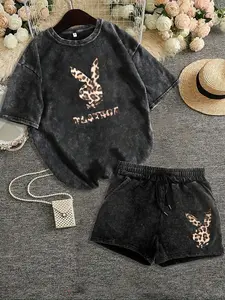 Two-Piece Set Women's Playboy Print Short Sleeve Tee & Leopard Print Shorts, Casual Fashion Round Neck T-shirt & Skinny Shorts for Daily Outdoor Wear, Casual Loungewear Set, Ladies Summer Clothes, Suits