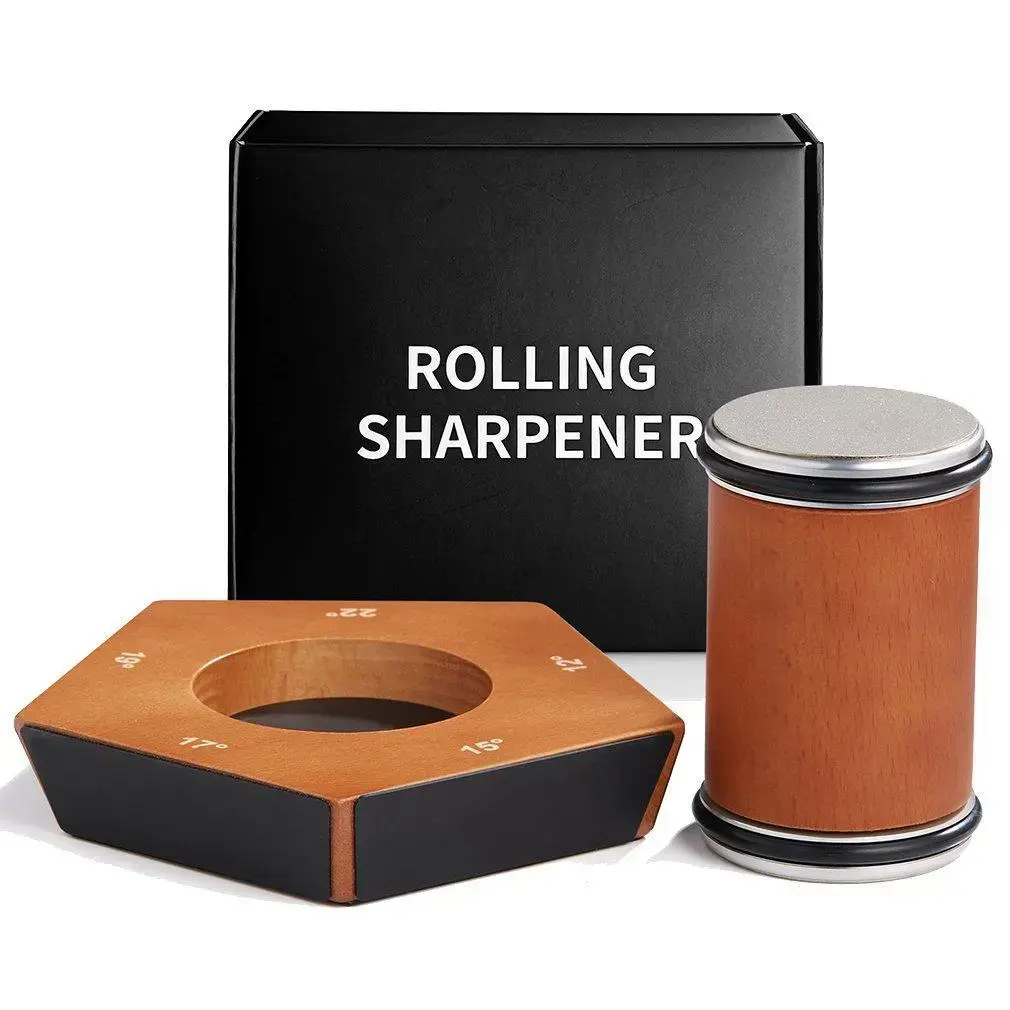 Portable Ceramic Knife Sharpener Kit - Kitchenware with Diamond Sharpening Disk Roller, Wooden Holder with 15°&20° Angle Guides, Easy-to-Use Tool for Home, Camping, Suitable for Knives