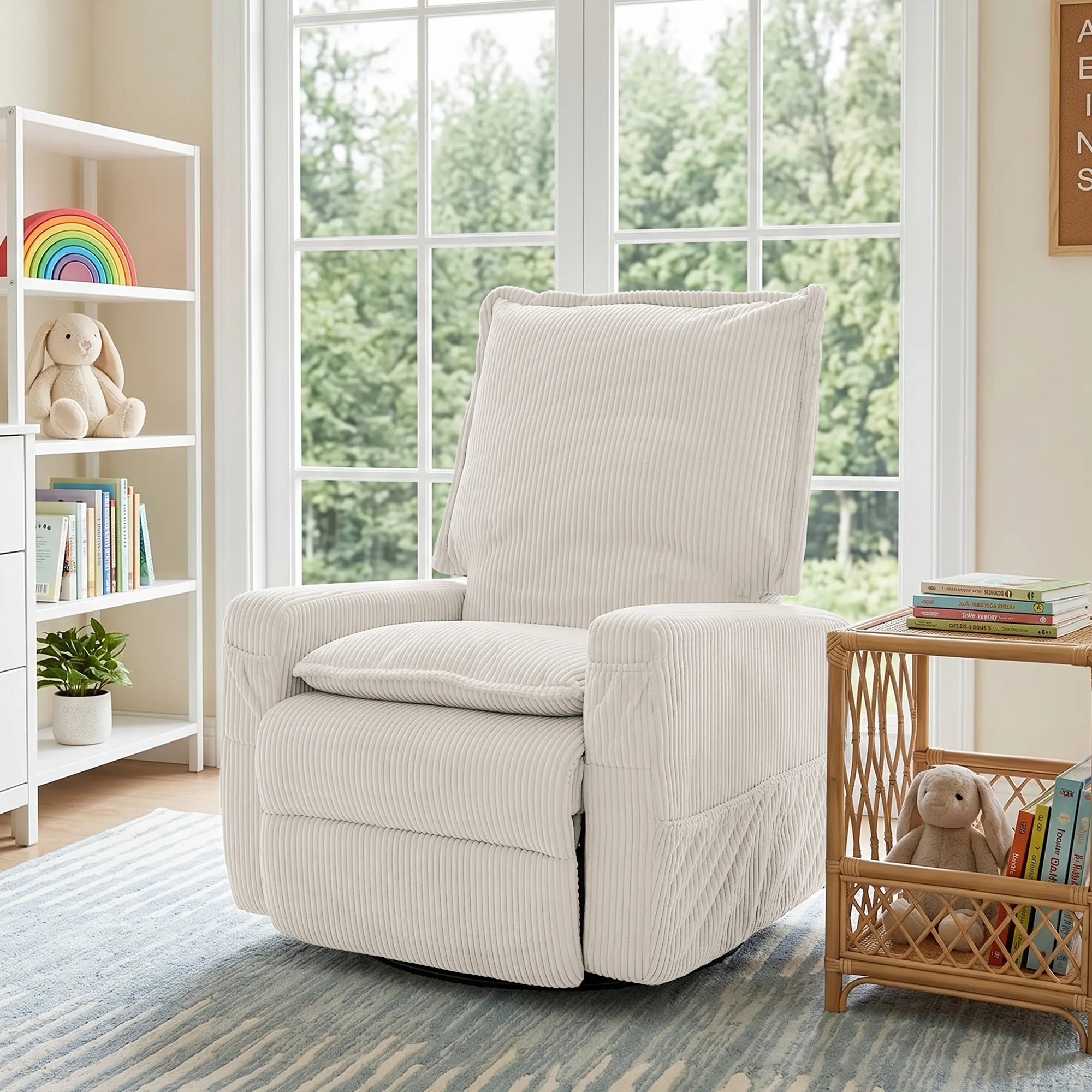 GASEE Armless Single-Seat Baby Upholstered Glider Recliner Rocking Chair - 360° Swivel, Tool-Free Assembly, Corduroy Beige, for Nursery & Living Room, High Weight-Capacity Indoor Furniture Chair