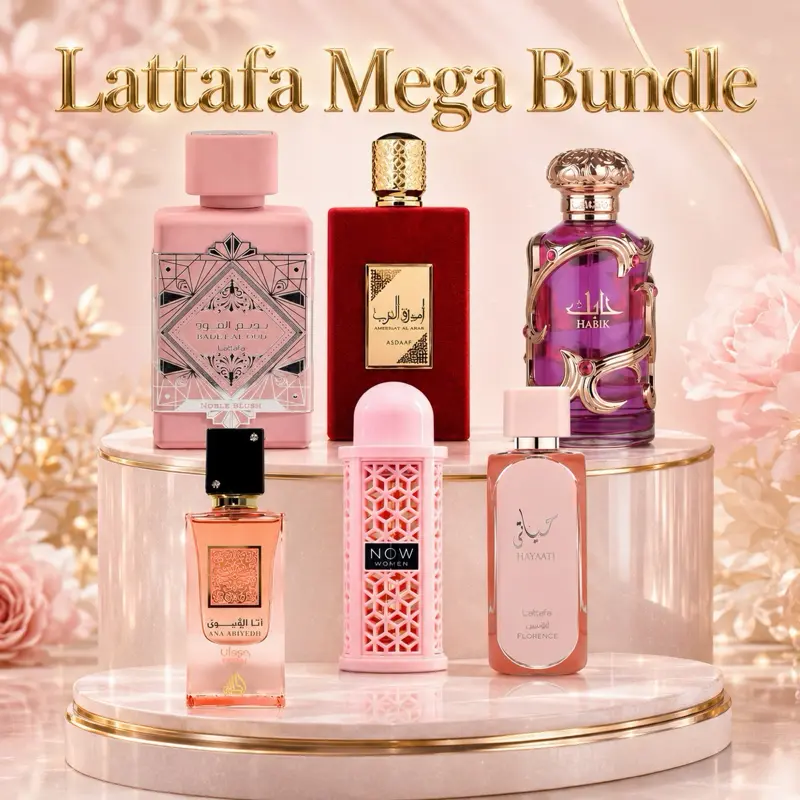 Lattafa Women's Mega EDP Spray Bundle (3.4 Oz Each) - Nobel Blush, Ameerat Al Arab, Habik, Coral, Rave Women + Hayaati Florence