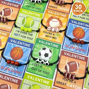 Sports Bracelet Valentines Day Gifts for Kids School Classroom,30 Pack Adjustable Bracelets w/ Cards for Toddler Boy Girl,Valentine Non Candy Treats Party Favor Goodie Bag Stuffers Prizes for Class