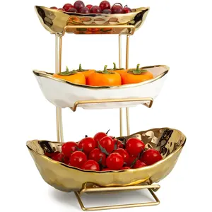 3 Tier Ceramic Fruit Bowl for Kitchen Counter with Metal Rack, Fruit Basket with Stand, Porcelain Bowls for Vegetable Bread Candy Snack Nuts Dessert Cake Tray (Gold 3 Layer)