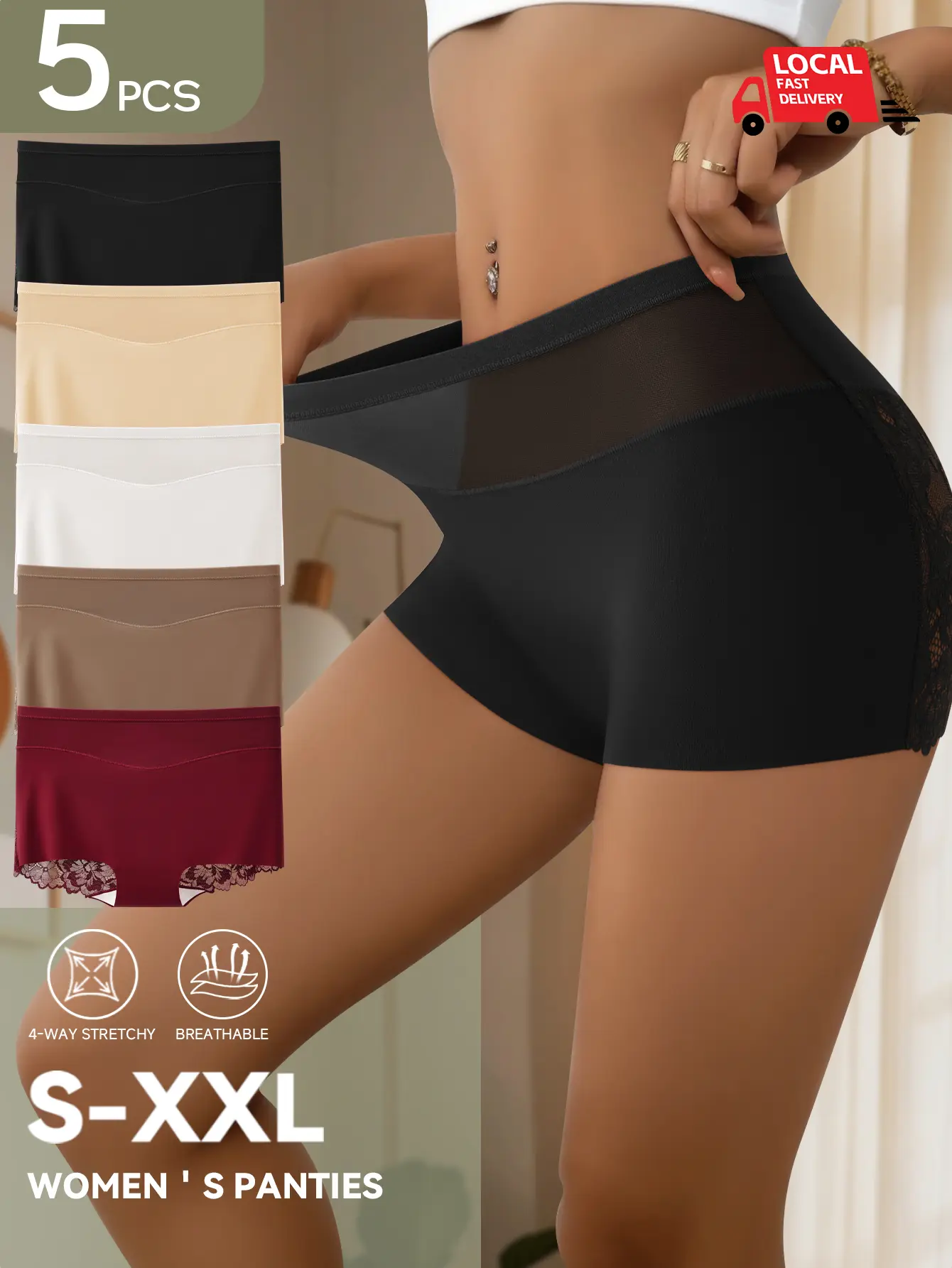 Women's 5PCS Mid-Waist Random Color Full Coverage Boyshort Panties - No Trace Floral Lace Side Panels, Elastic Stretchy Soft Breathable Lightweight Skin-Friendly Fit, Feminine Basic Elegance All-Season Everyday Hipster Underwear, S-XXL, Fabric, Minimalist