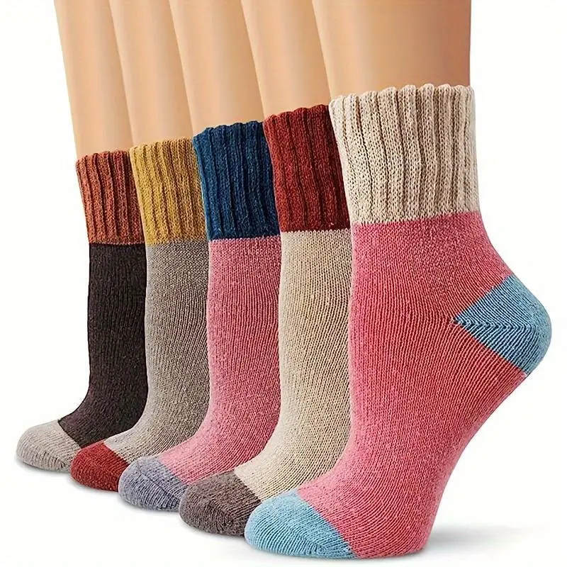 Women's 10-Pair Cute Easter Rabbit Printed Color-Blocked Thick Wool Blend Foldable Thigh-High Socks - Warm Cold Weather Autumn Winter Casual Comfort Essentials