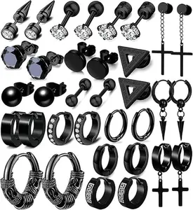 17 Pairs Men’s Stainless Steel Earrings Set – Hypoallergenic Hoop, Cross Dangle & Studs Jewelry Kit, Long-Lasting Shine for Sensitive Skin
