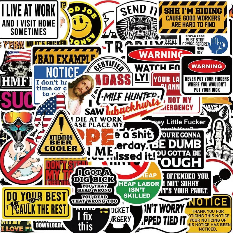 Funny Safety Sticker, 50pcs/set Cartoon Warning Sticker, Diy Decorative Waterproof Durable Sticker for Luggage Skateboard Refrigerator Laptop