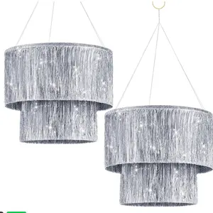 Rose Party 2-Piece Set 2-Tier Tassel Metal Wire Chandelier Iridescent Foil Party Disco Ball Decor Chandelier Ornaments Metallic Foil Shimmering Bachelorette Party Decor Photo Booth Supplies Birthday Party Decorations Mother's Day Decorations (Silver)