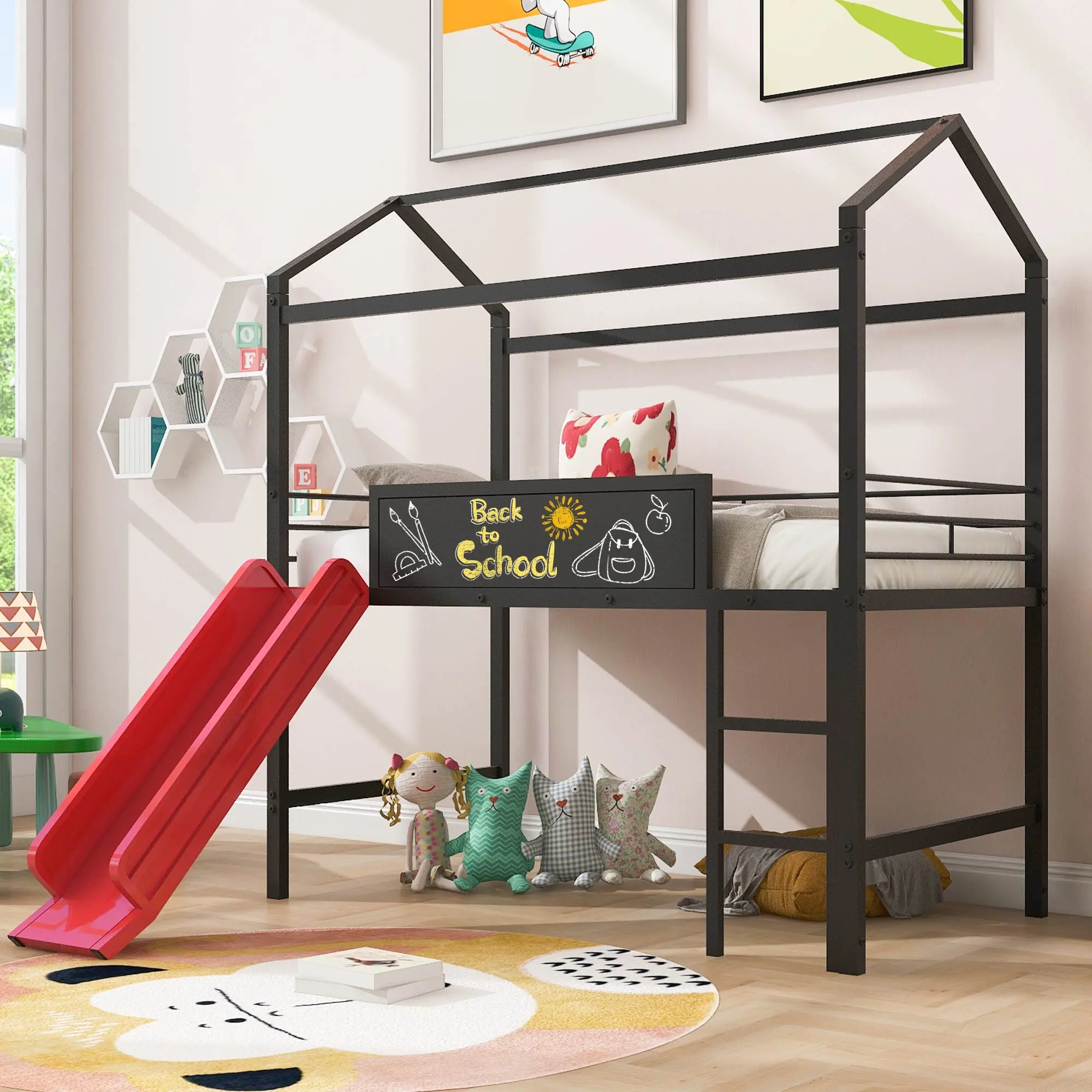 Vintage Style Metal Twin Size House-Shaped Loft Bedroom Bedframe - Indoor Furniture with Metal Construction, Slide, and 2-Sided Writable Wooden Boards