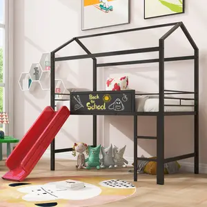 Vintage Style Metal Twin Size House-Shaped Loft Bed Frame, Bedroom Bedframe with Slide and 2-Sided Writable Wooden Boards