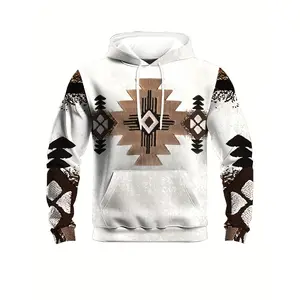 Men'S Ethnic Cross Pattern Casual Hoodie, Novelty 3D Printed Sports Sweatshirt, Unisex Pullover Hoodie, Polyester Fabric, Regular Fit, Knit with Crochet & Material, Casual Style