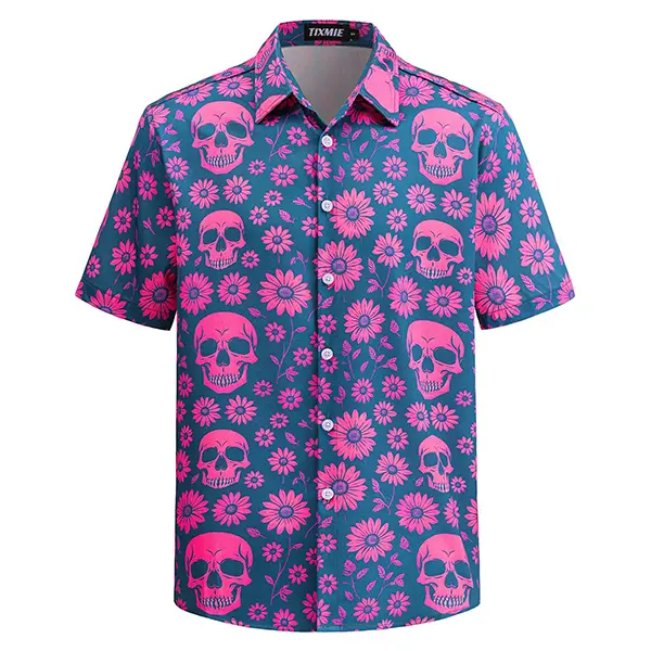 TIXMIE Menswear Short-Sleeve Button-Down Shirt - Teal Pink Skull Daisy Floral Tropical Cotton Top for Summer Beach Vacation, Streetwear Hip Hop Casual Wear, Father's Day Gift,summerwins,father'sdaygifts