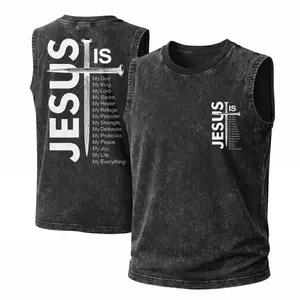 Men's Washed Cotton Ribbed Breathable Sleeveless Round Neck Tank Top Garment - "Jesus is My Everything, My God, My Lord" Graphic Print, Adjustable Straps, Unisex Vintage Casual Clothes, Soft Fabric, Spring Summer Day Wear, Cargo-Inspired Streetwear