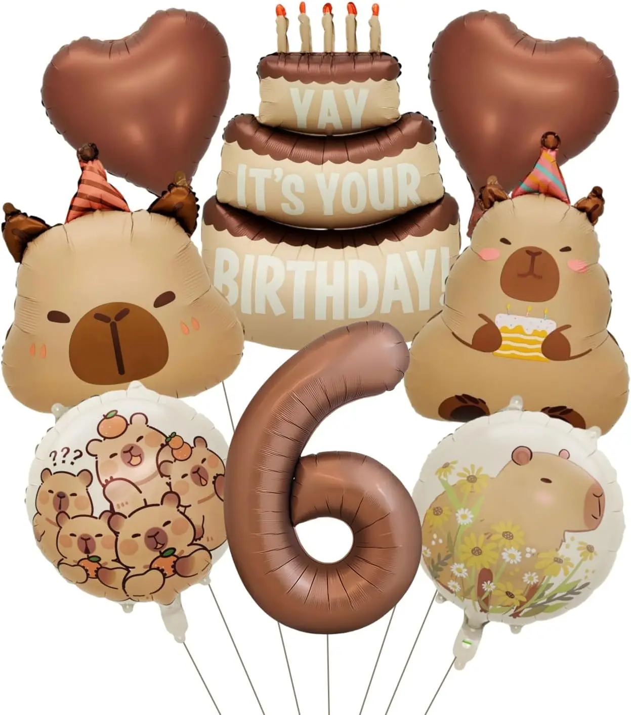 Capybara Birthday Themed Foil Balloon Set - 8-  Party Decor with Cake, Hearts, Numbers & Playful Designs,Birthday,  Shower,  Parties and Celebrations (6)
