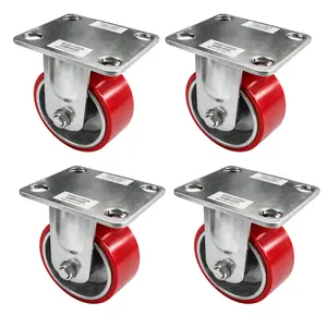 4 Inch x 2 Inch Heavy Duty Rigid Casters (4 Pack) – Red Polyurethane Wheels – Plate Mount Fixed Caster Wheels – Industrial Replacement for Carts, Dollies & Workbenches
