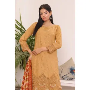 Golden Ochre 3-Piece Embroidered Chikan Kari Suit