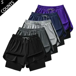 Men’s 5-Pack Double-Layer Anti-Exposure Quick-Dry Breathable Athletic Shorts — Faux Two-Piece Running/Fitness Knee-Length