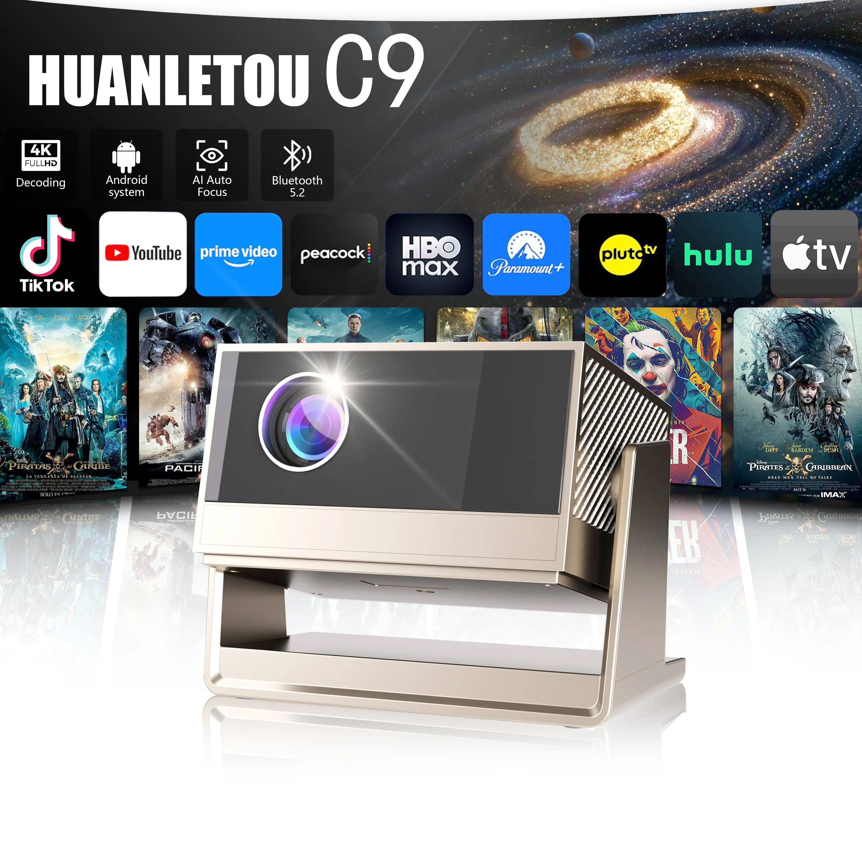 [US Warehouse] 2026 C9 LCD Smart Projector for Bedroom, Android System, Dual-Wi-Fi, Bluetooth, Auto Focus, 180° Rotation,  HD Display, Built-In Audio, App & Remote Control, Tabletop, Home Entertainment Device