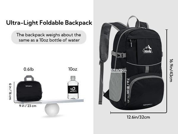 WATERFLY Hiking Foldable Daypack Backpack: 25L Ultra Lightweight Packable Outdoor Travel Day Pack for Woman Man Chest Strap Chest Strap Durability