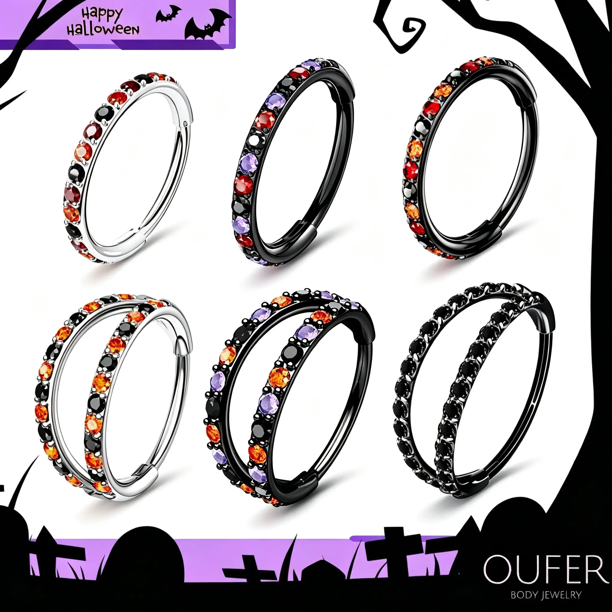 OUFER Halloween 20G Stainless Steel Rhinestones CZ Hinged Nose Hoop Ring - 5mm-12mm Inner Diameter Multi-Size, Black Purple Pink Green Blue, Holiday Trick or Treat Theme for Nose Piercing, Nose Rings, 11+ Czs For Bright Shine