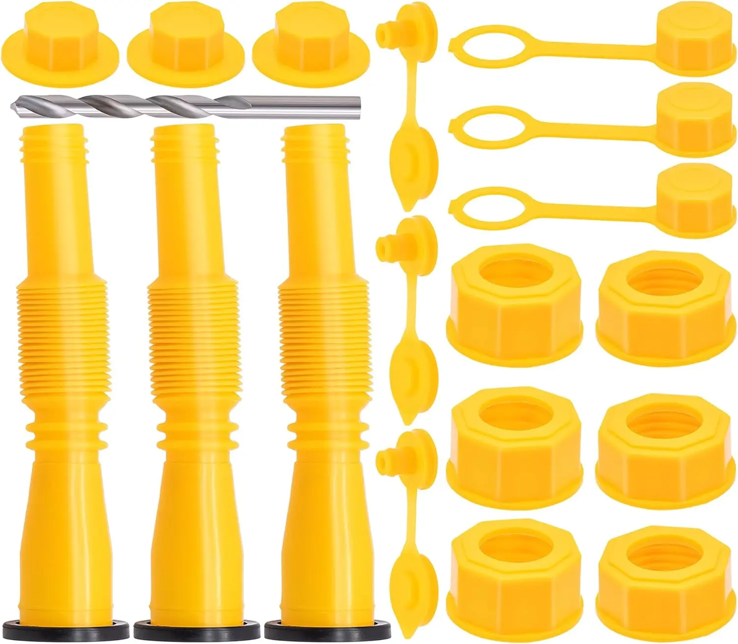 1Kit Yellow Gas Can Spout Replacement, 1/2/5/10 Gallon Gas Can Nozzle Kit, include 2 Different Size Screw Collar Caps, Thick Rubber pad and Spout Cover (Yellow)