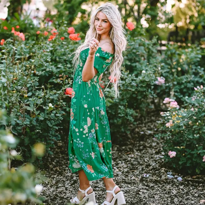 Women's Green Floral Print Bubble Sleeve Smocked Tiered Midi Dress - TikTok Shop Women's Green Floral Print Bubble Sleeve Smocked Tiered Midi Dress - TikTok Shop