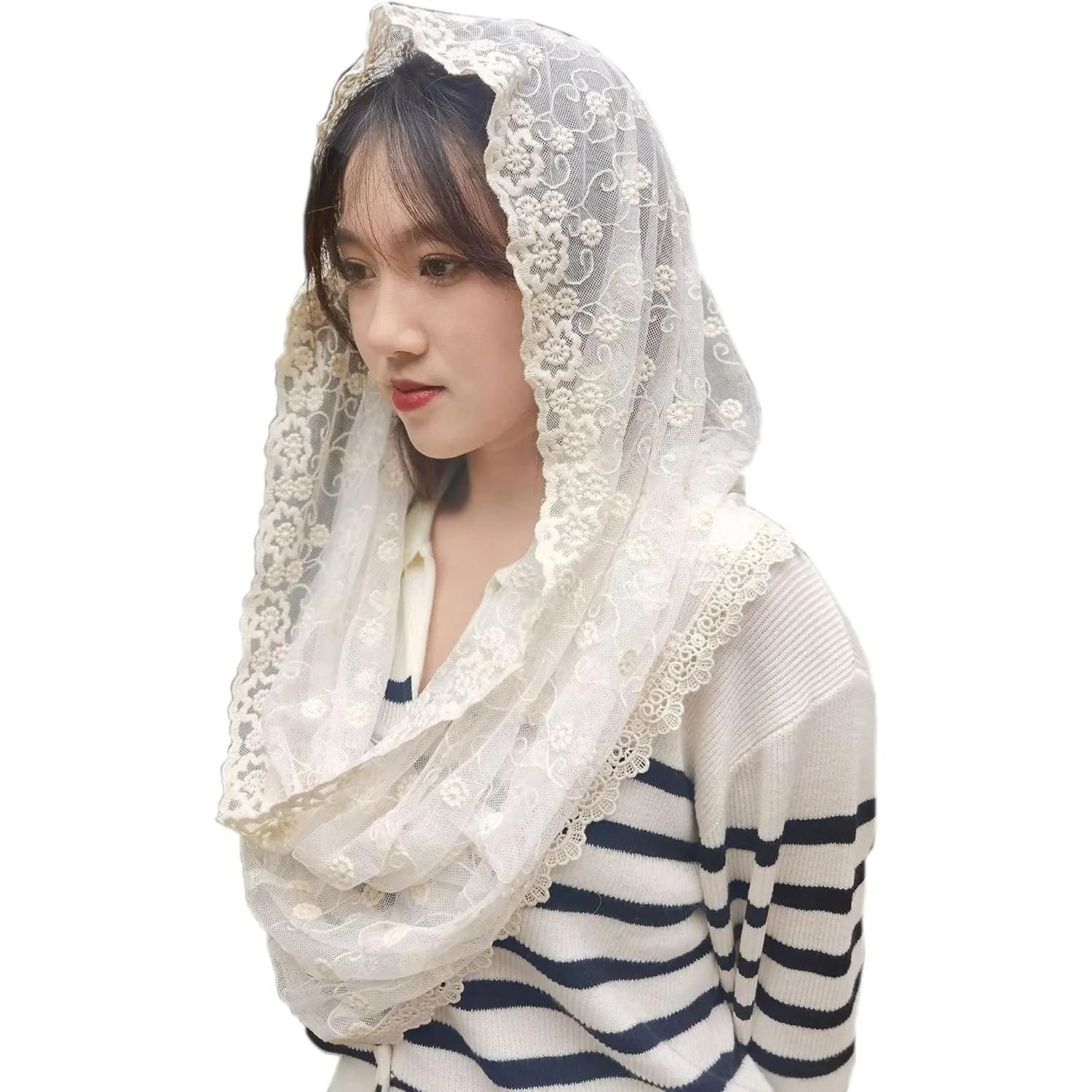Beige Embroidered Mantilla Veils D Shape Catholic Vintage Inspired Wrap-Style Latin Mass M12