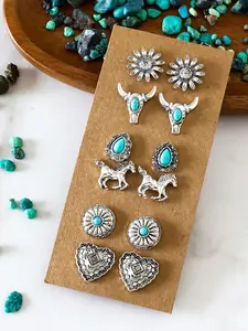 Women's Western Turquoise Stud Earring Set, Cowgirl Style Silver Color Heart Sunflower Horse Design Jewelry, Perfect Gift for Her