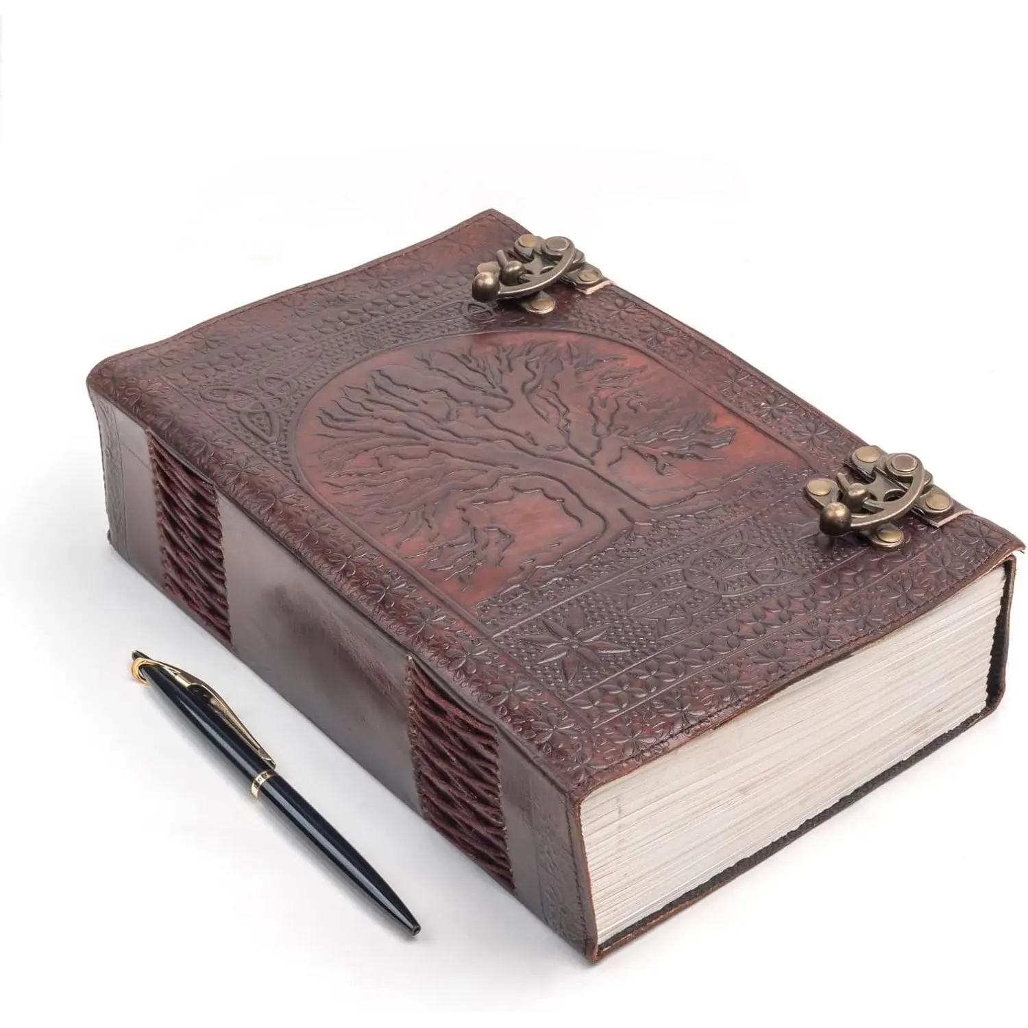 600 Pages Handmade Large Leather Journal Diary Embossed Tree of Life Book Of Shadows Notebook Writing Seven Chakra Grimoire Sketchbook 7 x 10 Leather Bound (Brown)