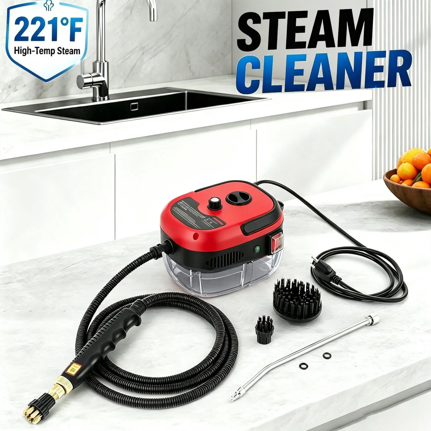 Red 2500W Handheld Steam Cleaner for Pet Owners, High-Pressure Portable Steamer with 4 Brushes, 221°F Fast Heat-Up, Kills Odors Without Chemicals for Pet Crate, Litter Box, Carpet & Sofa