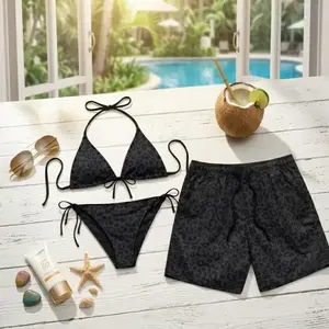[HOT 2026] Black Leopard Print Matching Couple Swimwear Set 2026, Wild Animal Pattern Bikini & Men’s Beach Shorts, Hot Summer Vacation Outfit