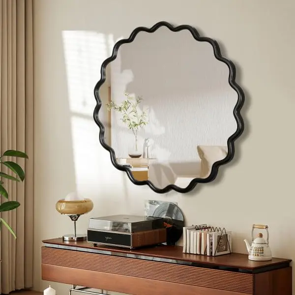 Solid Wood Wavy Mirror-Black Vanity Mirror Wall Decor Modern Mirror Wall Decor for Bathroom, Bedroom, Living Room, Dining Room, Cloakroom, Entryway