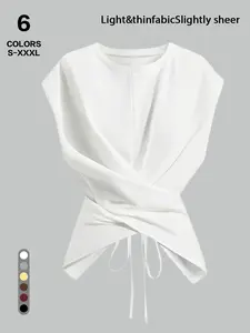 Women's Sleeveless Wrap Top, Criss Cross Tie Back Blouse, Lightweight Crew Neck Tee, Casual Basic Slim-Fitting Top for All Seasons