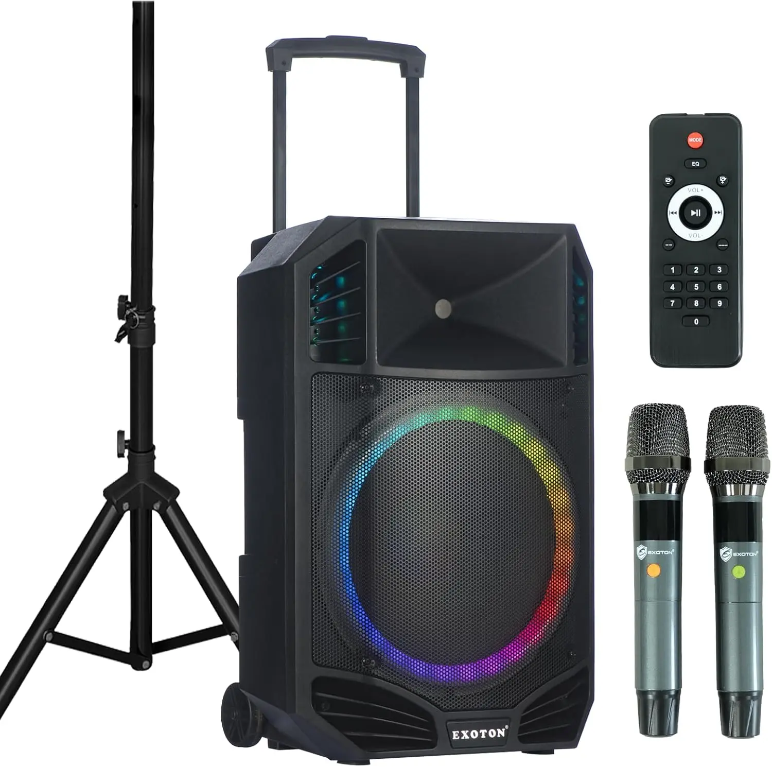 EXOTON S-1501  15 Inch Portable Rechargeable PA Speaker - 1600W, Bluetooth, TWS, USB/RCA, 2 UHF Mics, Remote, 7-Color Lights, DSP with 4 Scene Presets, 5-Band EQ