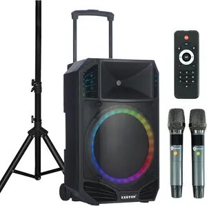 EXOTON S-1501  15 Inch Portable Rechargeable PA Speaker - 1600W, Bluetooth, TWS, USB/RCA, 2 UHF Mics, Remote, 7-Color Lights, DSP with 4 Scene Presets, 5-Band EQ
