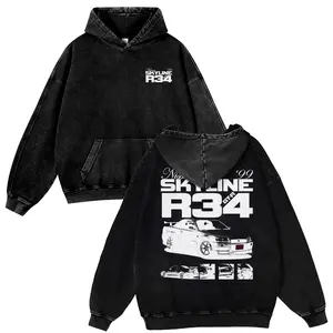 Skyline R34 JDM 380g Autumn VIntage Washed Hoodie Graphic Sweatshirt Casual Fit