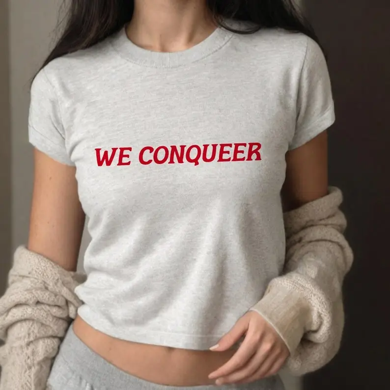 Queer Y2k Crop Top We Conqueer Pride Crop Top Femboy Clothing 90s Crop Top Retro Lesbian LGBTQ Gift Bisexual T Shirt Pride Parade Outfit