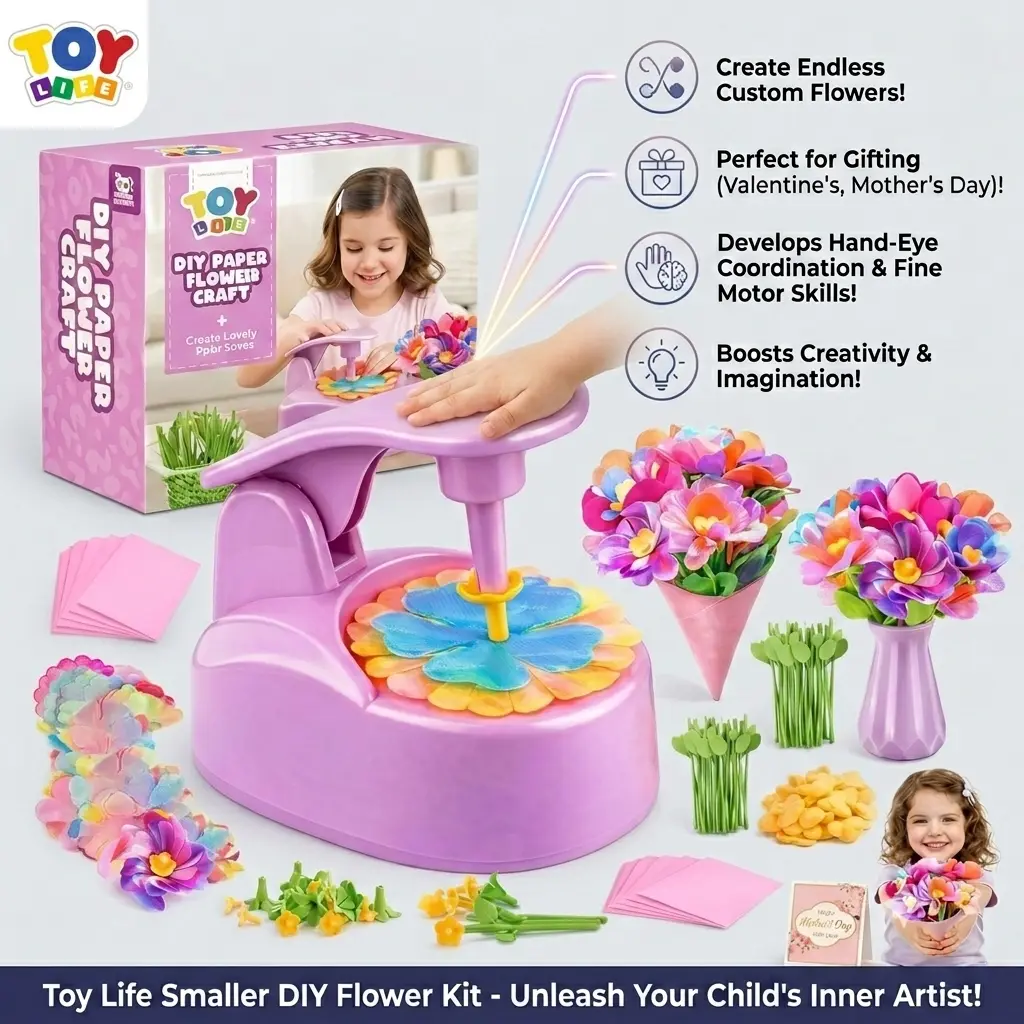 DIY Paper Flower Kit for Kids: TOY LIFE All-in-One Embossing & Craft Machine. Fabric Flower Craft Kit with Flower Press Maker, Vase & Bouquet Accessories, Creative Arts and Crafts Gift for Kids.Perfect Screen-Free Activity (Age 3+)