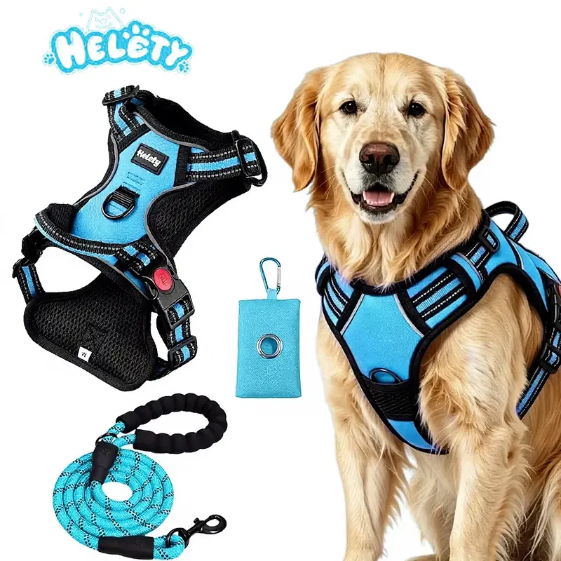 HELETY Durable Reflective Harness & Leash Set - 3-in-1 Anti-Pull No-Choke Oxford Nylon, 3M Reflective, Anti-Escape Lock, Adjustable for Small-Med-Large Dogs, Poop Bag on Hand, Airtag Compatible, Cooling Rust-Proof Metal Night Safety Strap